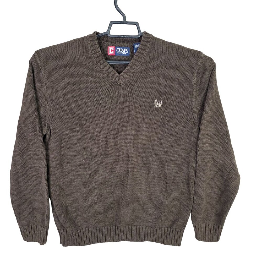 Mens Chaps Brown V-Neck Knit Pullover Sweater 100% Cotton Casual Long Sleeve M